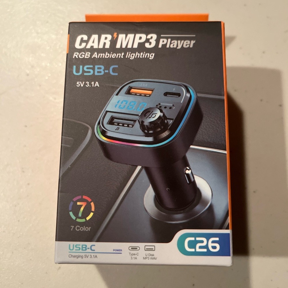 C26 Car MP3 Player with RGB Lighting and USB-C - Black